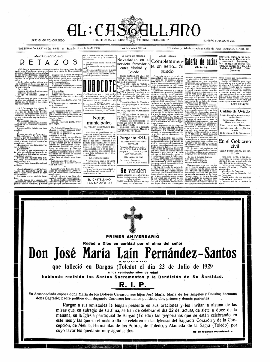 Esquela del primer aniversario - El Castellano, 19-jul-1930, nº 6.636, p. 1