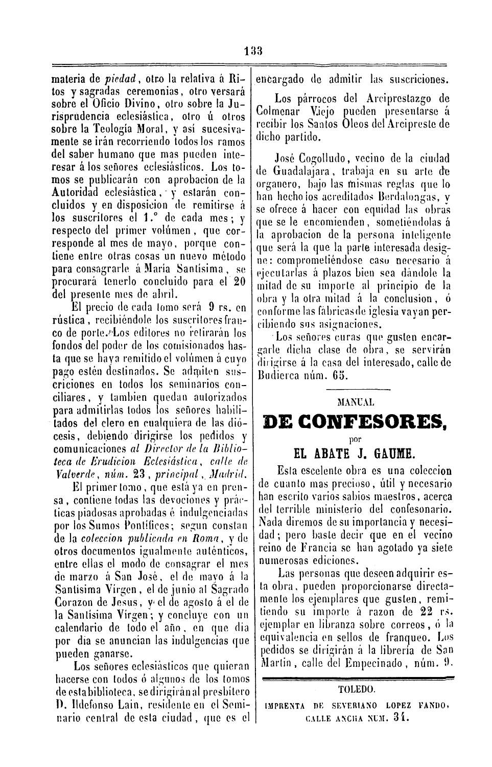 Boletín Eclesiástico de Toledo, 25-abr-1857, nº 223, p. 6 - Ildefonso Laín, cura de Lominchar