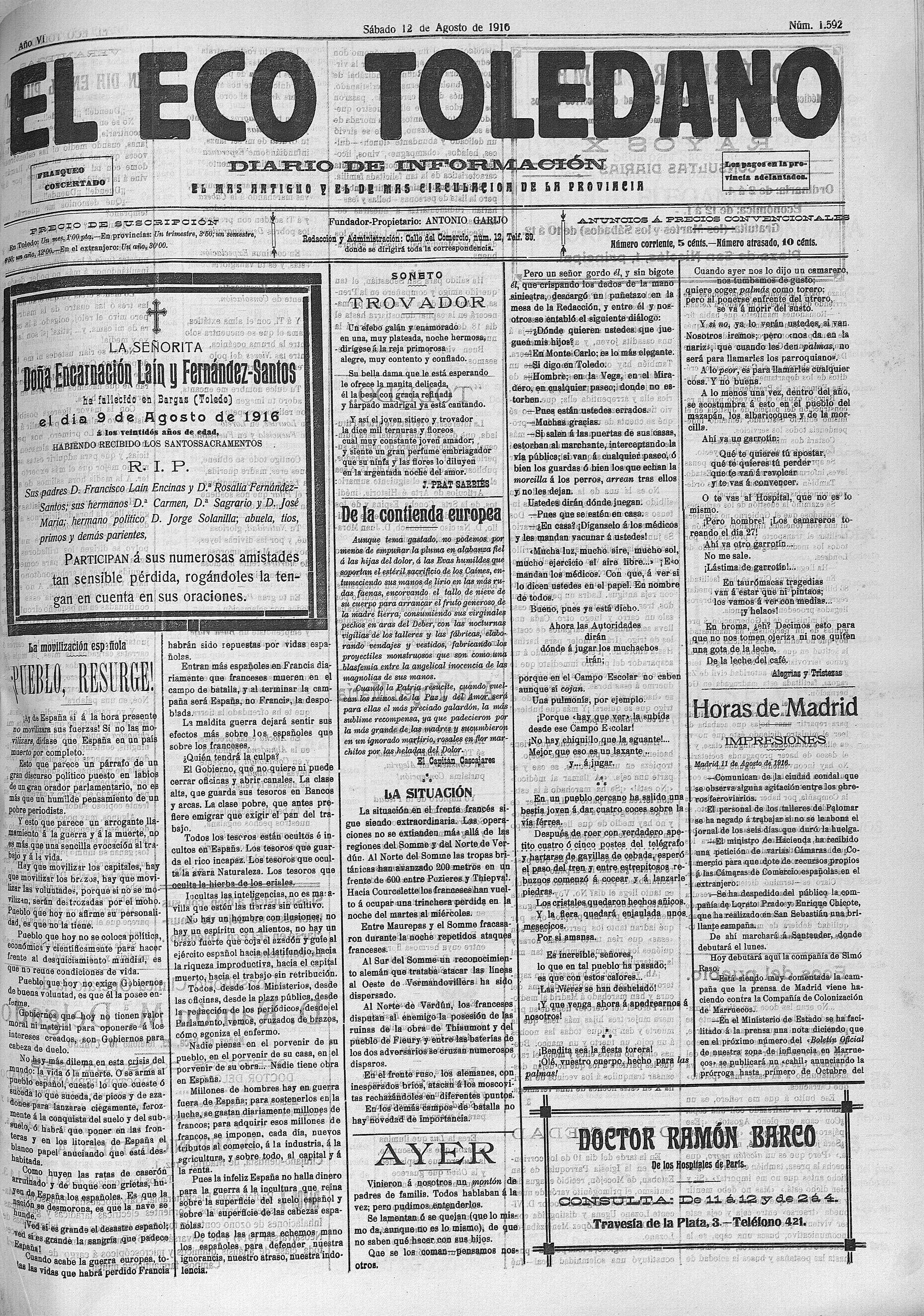 El Eco Toledano, 12-ago-1916 (BVPH 2150692) - esquela de Encarnación Laín Fernández-Santos