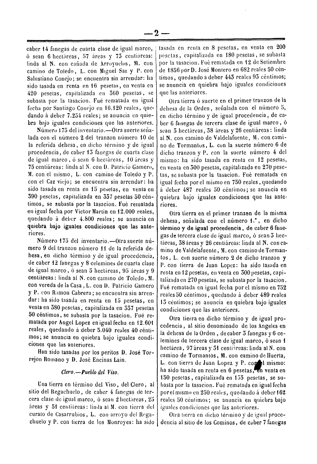 Boletín de Ventas de Bienes Nacionales de Toledo, 9-oct-1873, nº 134, p. 2 - José Encinas Laín, perito