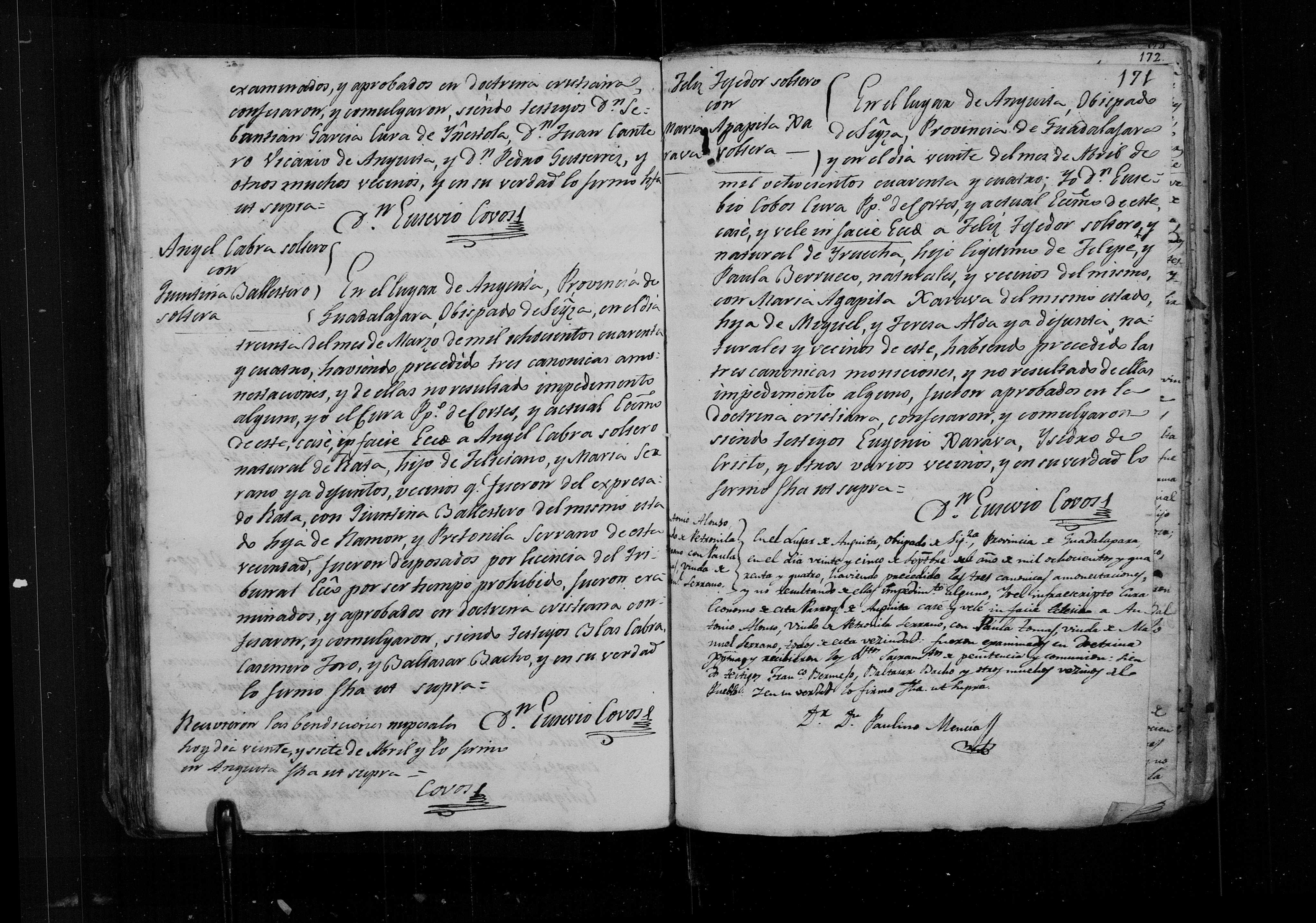 Libro 4º Matrimonios Anguita, f. 170v-171 (img. 2395) - Ángel Cabra × Quintina Ballestero (mar-1844) y Félix Tejedor × María Agapita Narava (20-abr-1844)