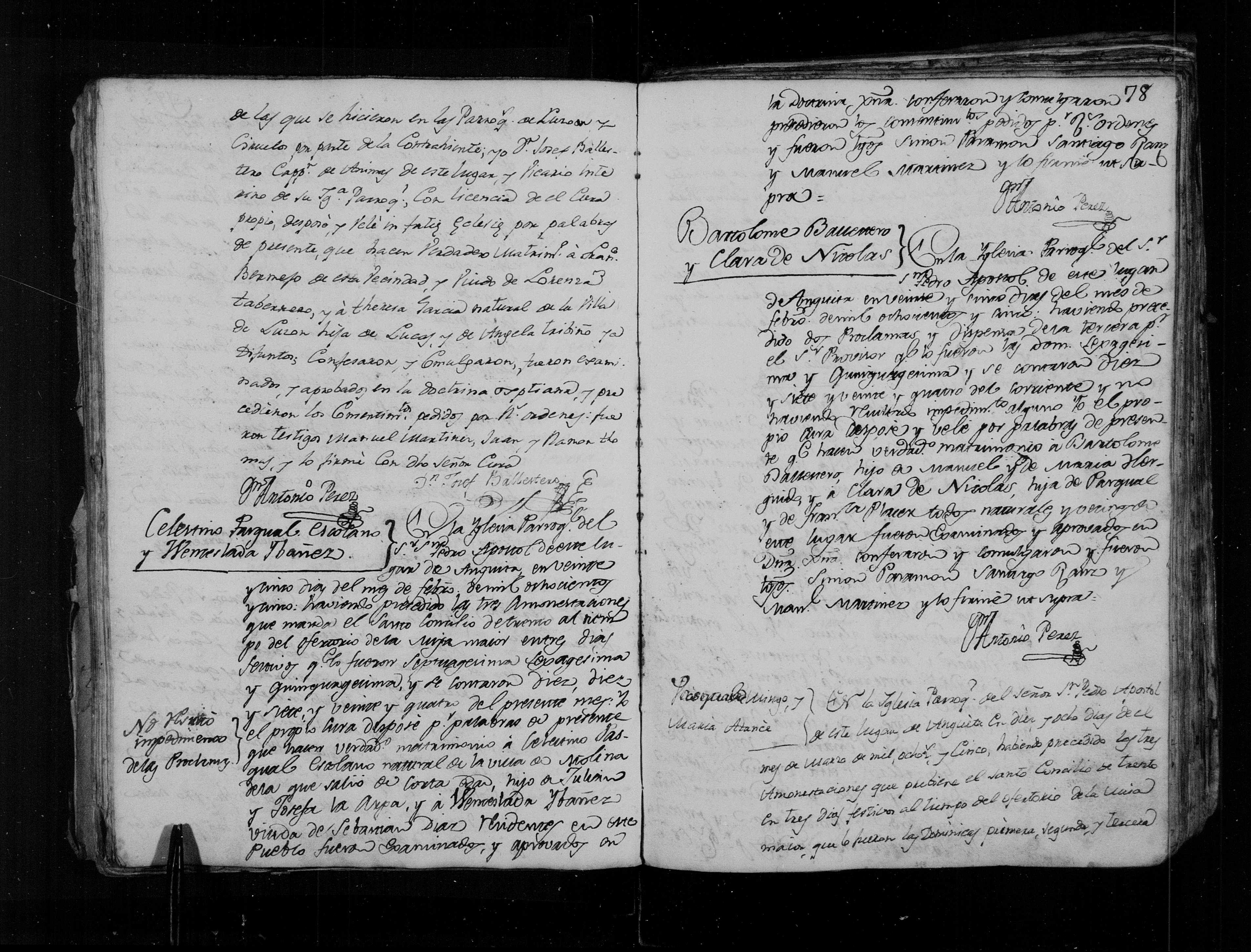Matrimonio de Bartolomé Balletero × Clara de Nicolás, Anguita 25-feb-1805 (Libro 4º, f. 78)
