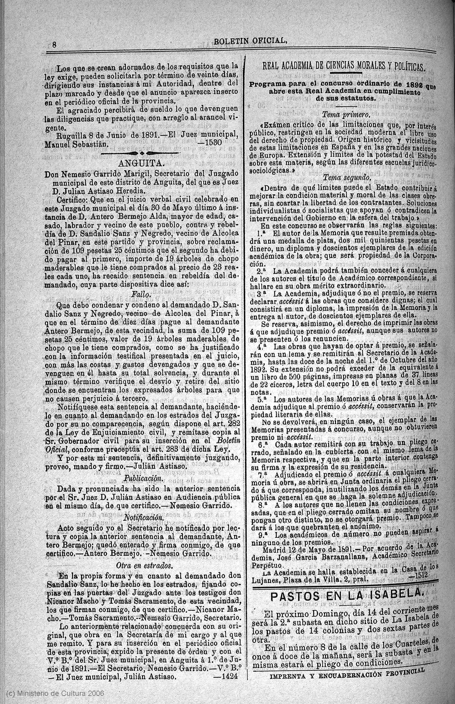 BOP de Guadalajara, nº 70 (12-jun-1891) - Julián Astiaso Heredia, juez del distrito de Anguita