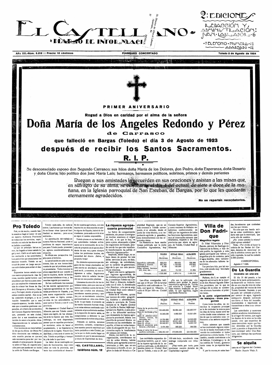 El Castellano, 2-ago-1924, nº 5.212, p. 1 - esquela del primer aniversario de María de los Ángeles Redondo Pérez
