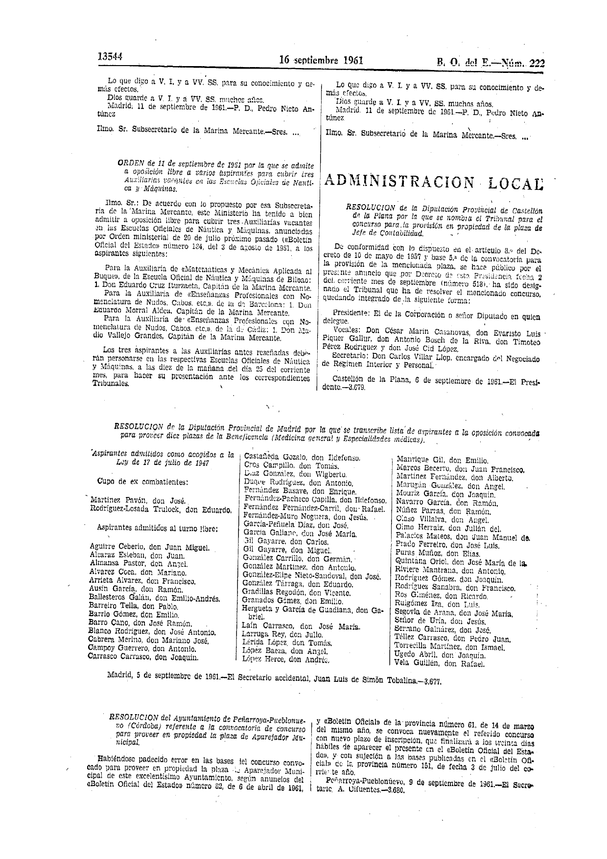 BOE, 16-sep-1961, p. 13544 - aspirante admitido a la oposición de la Beneficencia de Madrid