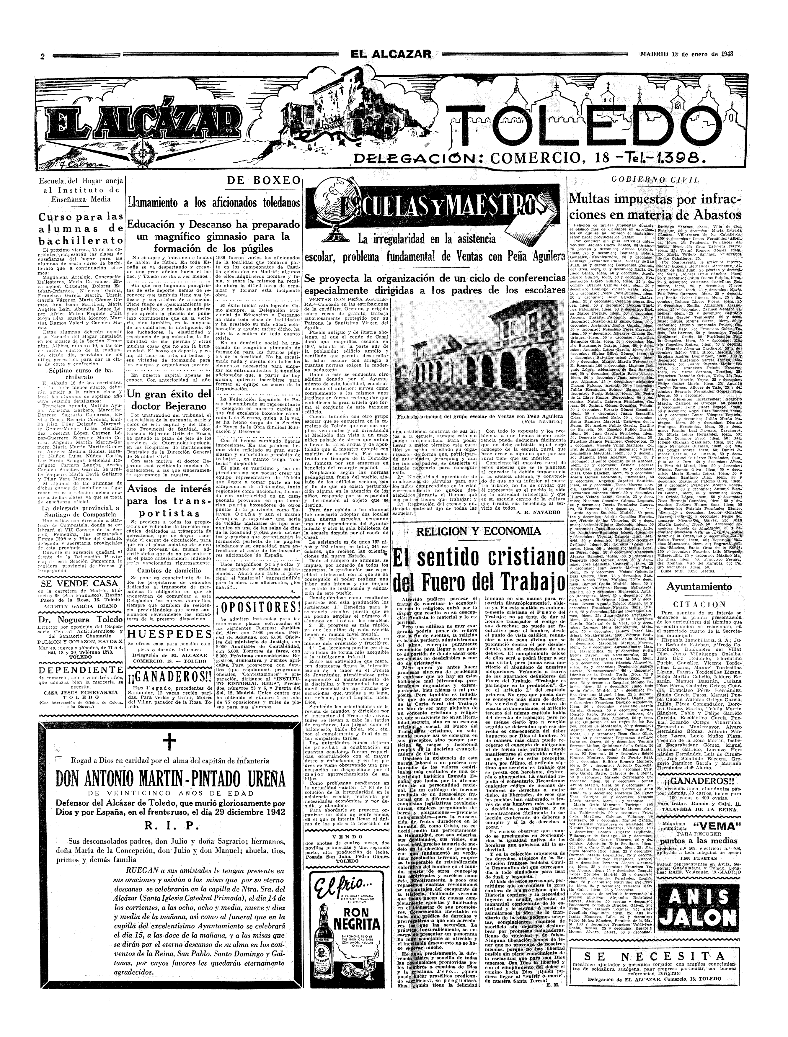 El Alcázar, 13-ene-1943, nº 2.027, p. 2 - alumna 'María Angeles Laín' (Escuela del Hogar)