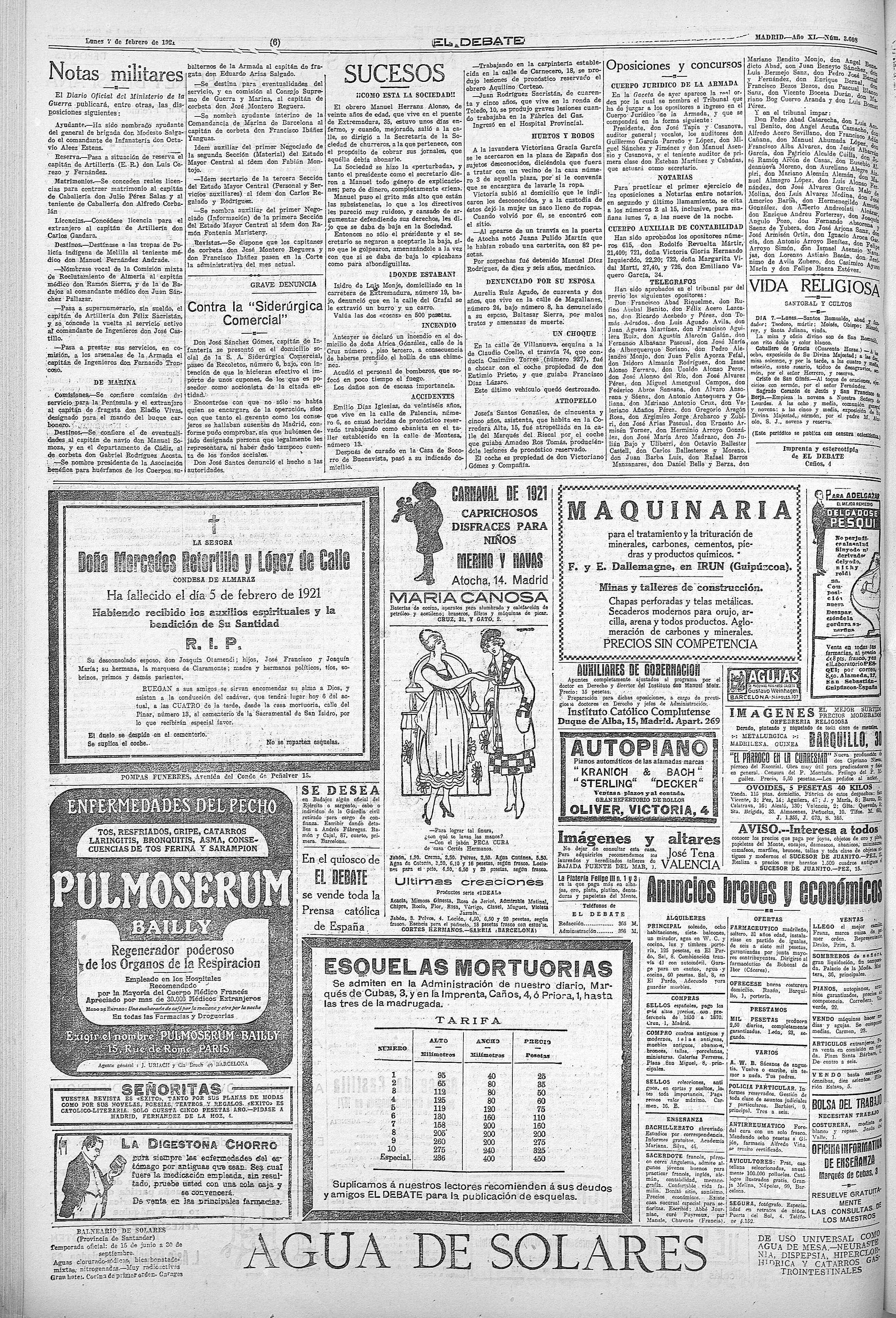 El Debate, 7-feb-1921, p. 6 (BVPH 2282222) - lista oficial con un 'don Lorenzo Astiaso Besán'