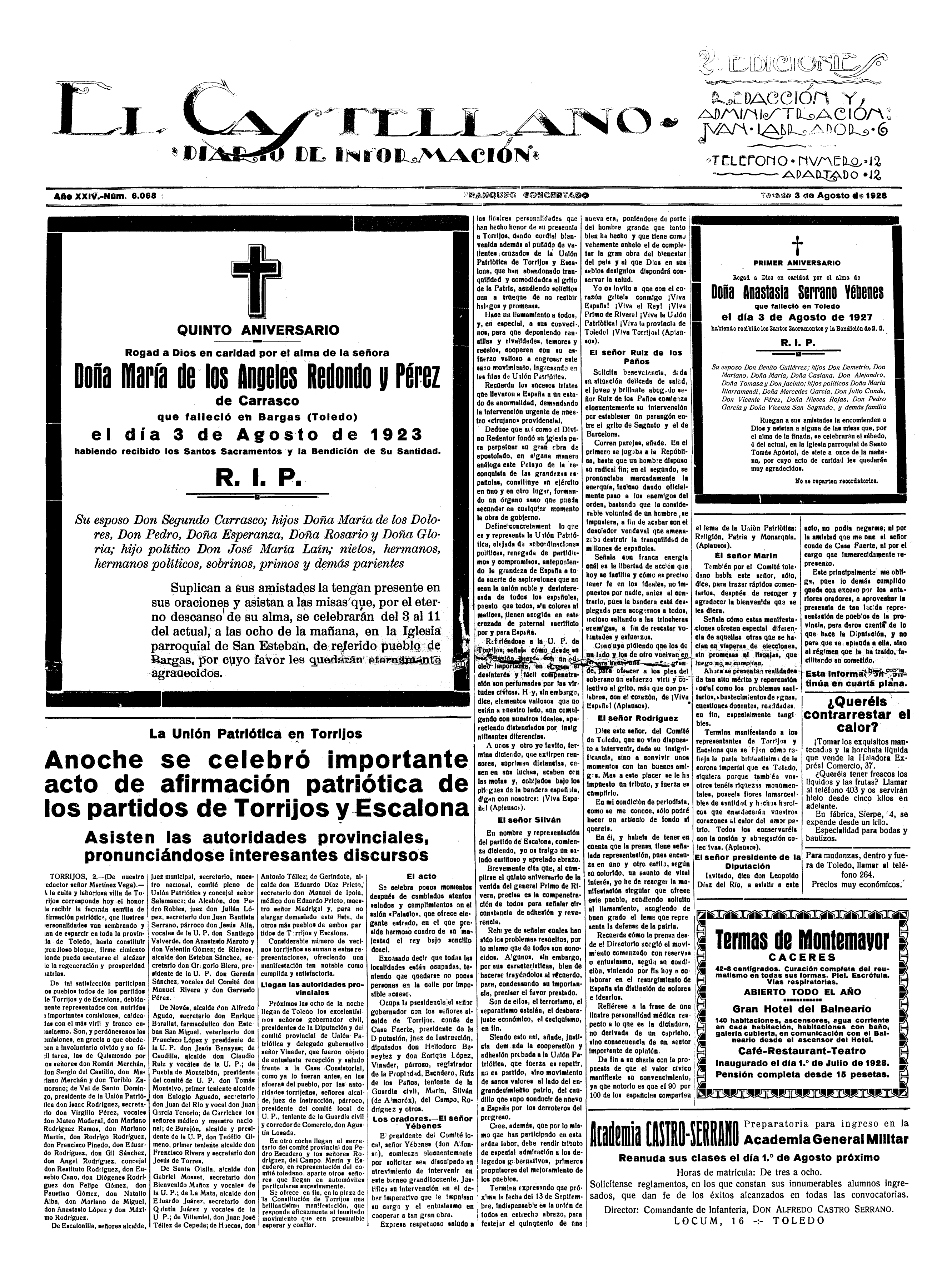 El Castellano, 3-ago-1928, nº 6.068, p. 1 - esquela del quinto aniversario de María de los Ángeles Redondo Pérez