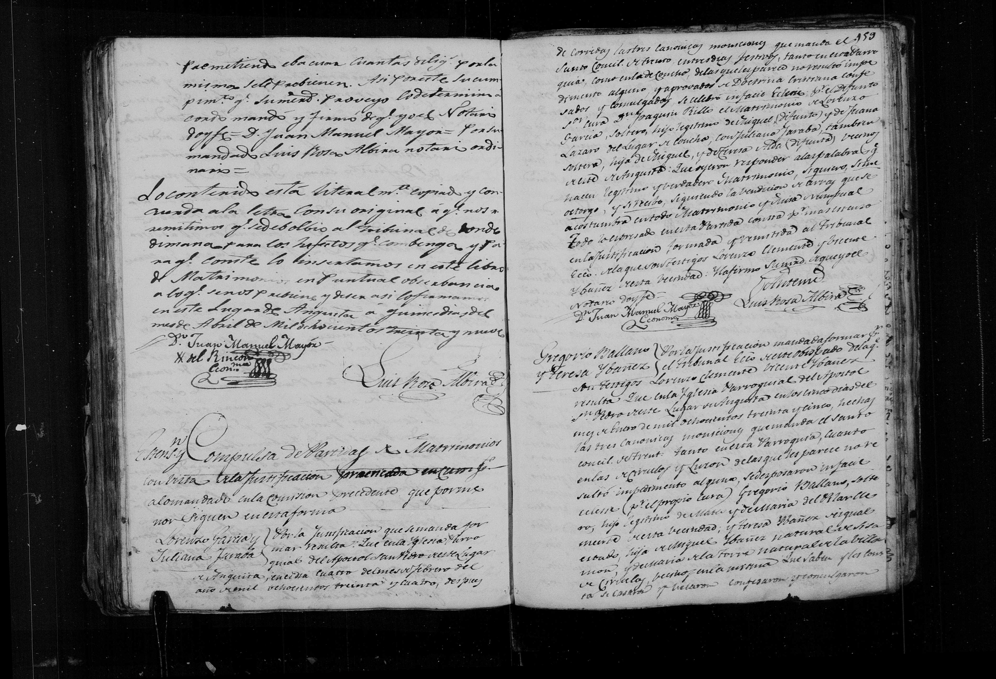 Libro 4º Matrimonios Anguita, f. 158v-159 (img. 2384) - certificación notarial 1839 y Gregorio Mallano × Teresa Ybañez (5-ene-1835)
