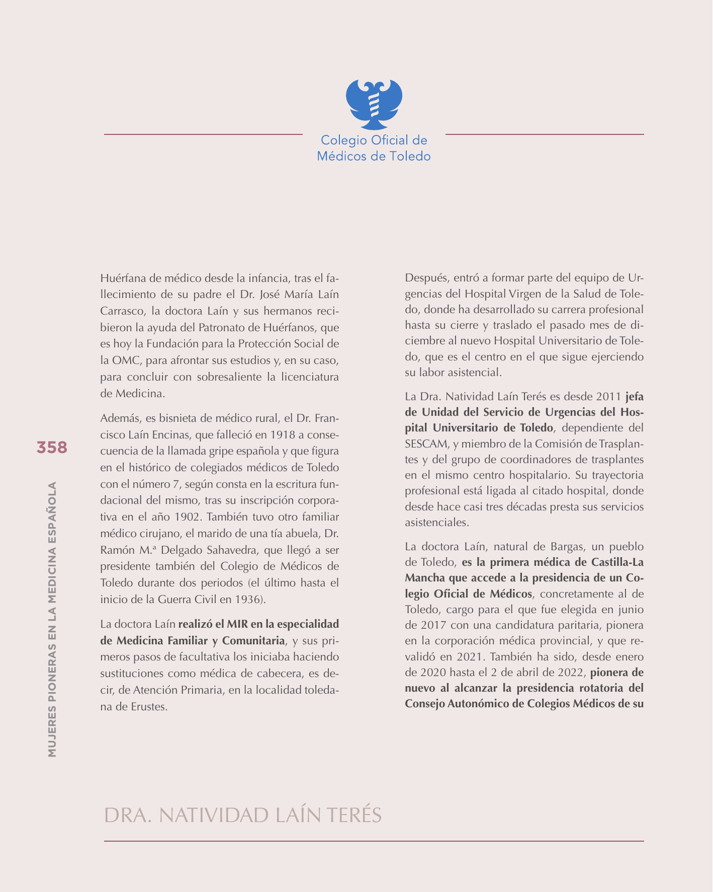 Semblanza de Natividad Laín Terés, 'Mujeres pioneras en la Medicina española' (CGCOM, 2023), p. 358