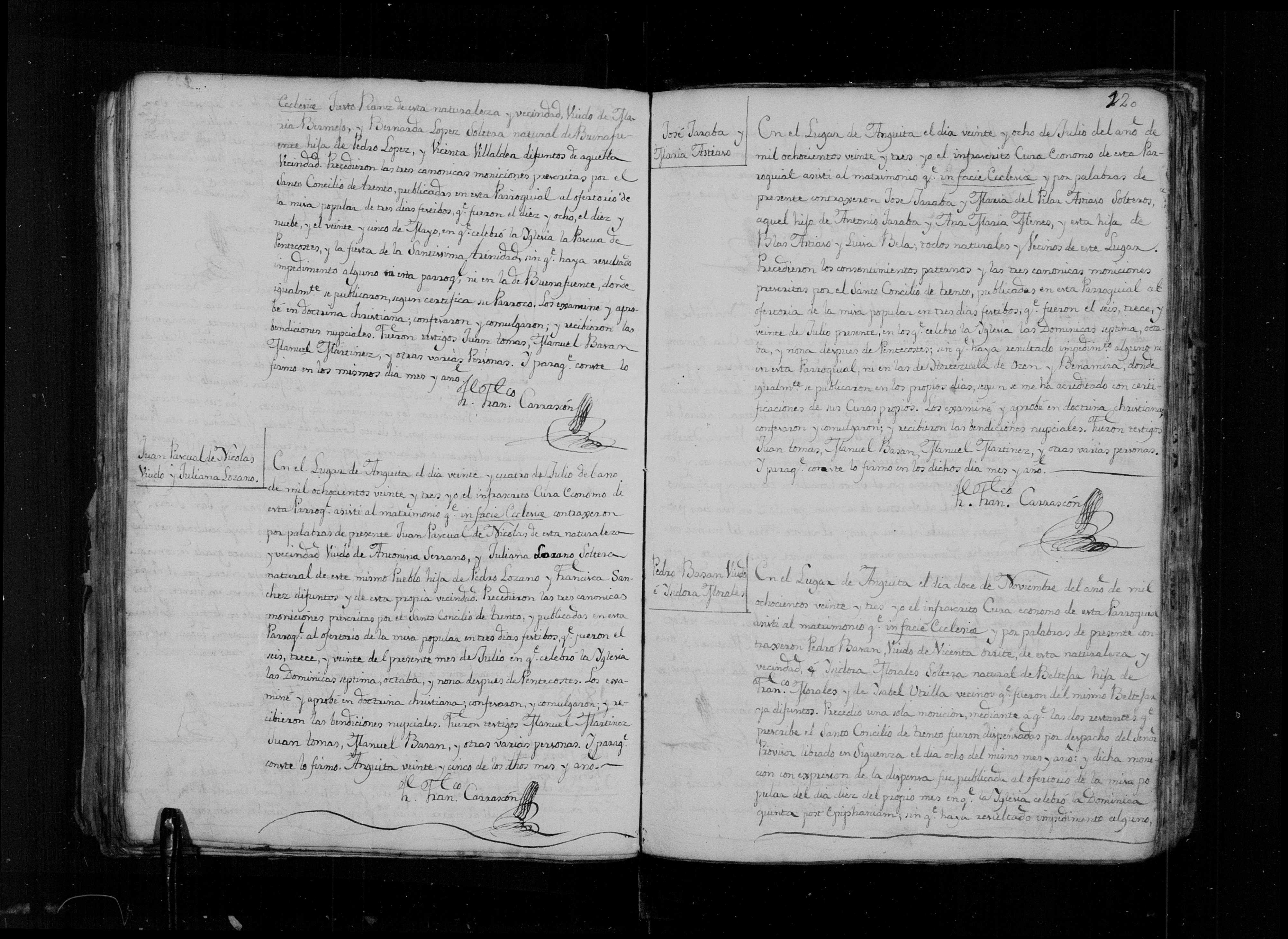 Matrimonio de Pedro Basán × Ysidora Morales, 12-nov-1823 - Libro 4º (img. 2344)
