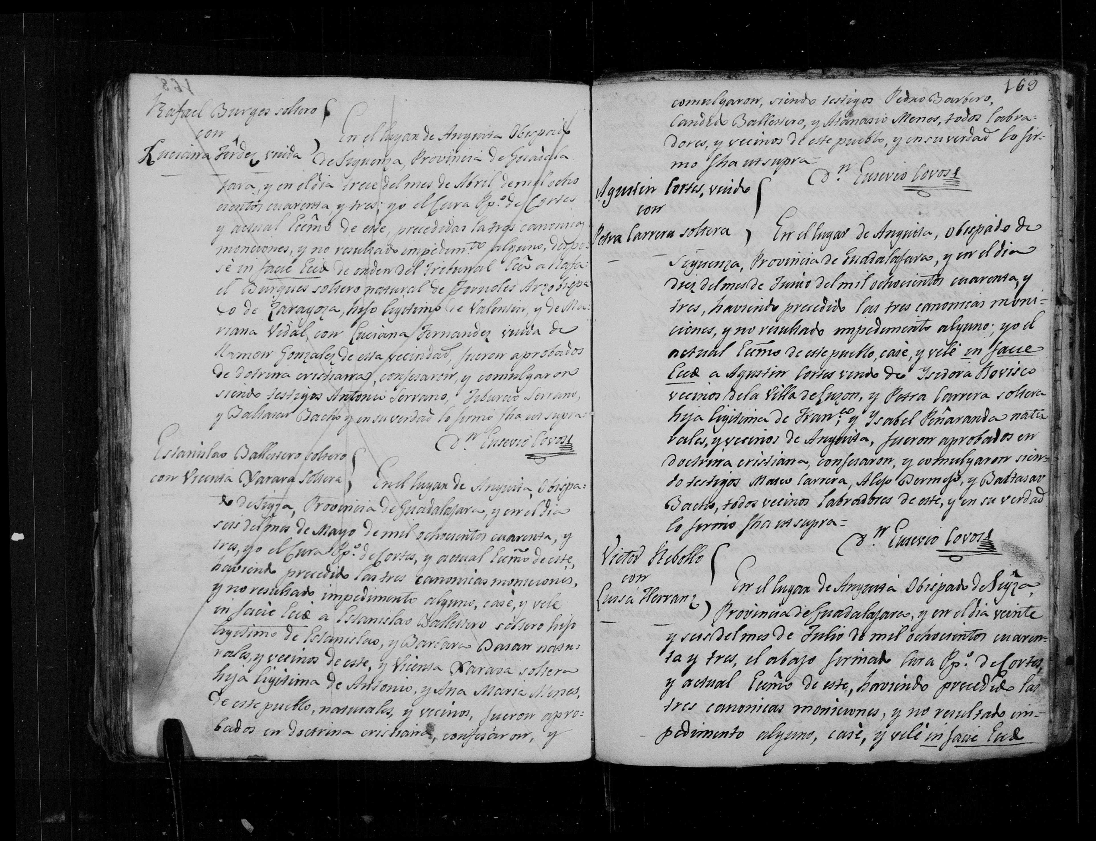 Matrimonio de Estanislao Ballesteros (hijo) × Vicenta Naraba, 26-may-1843 - Libro 4º f. 168 (img. 2393)