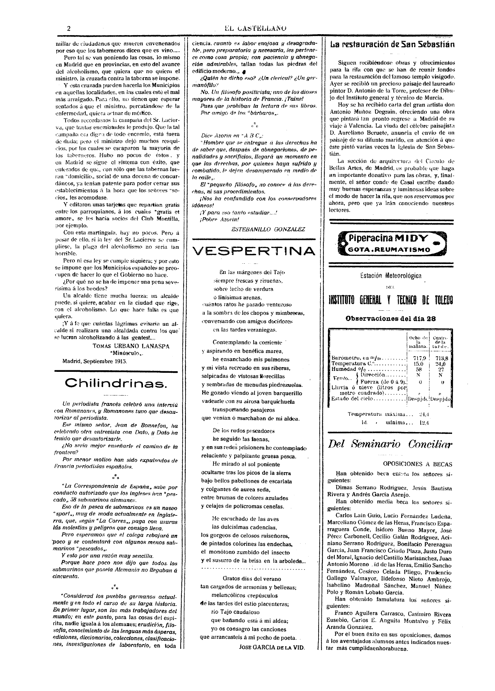 El Castellano, 29-sep-1915, nº 989, p. 2 - oposiciones a becas, Carlos Laín Guío