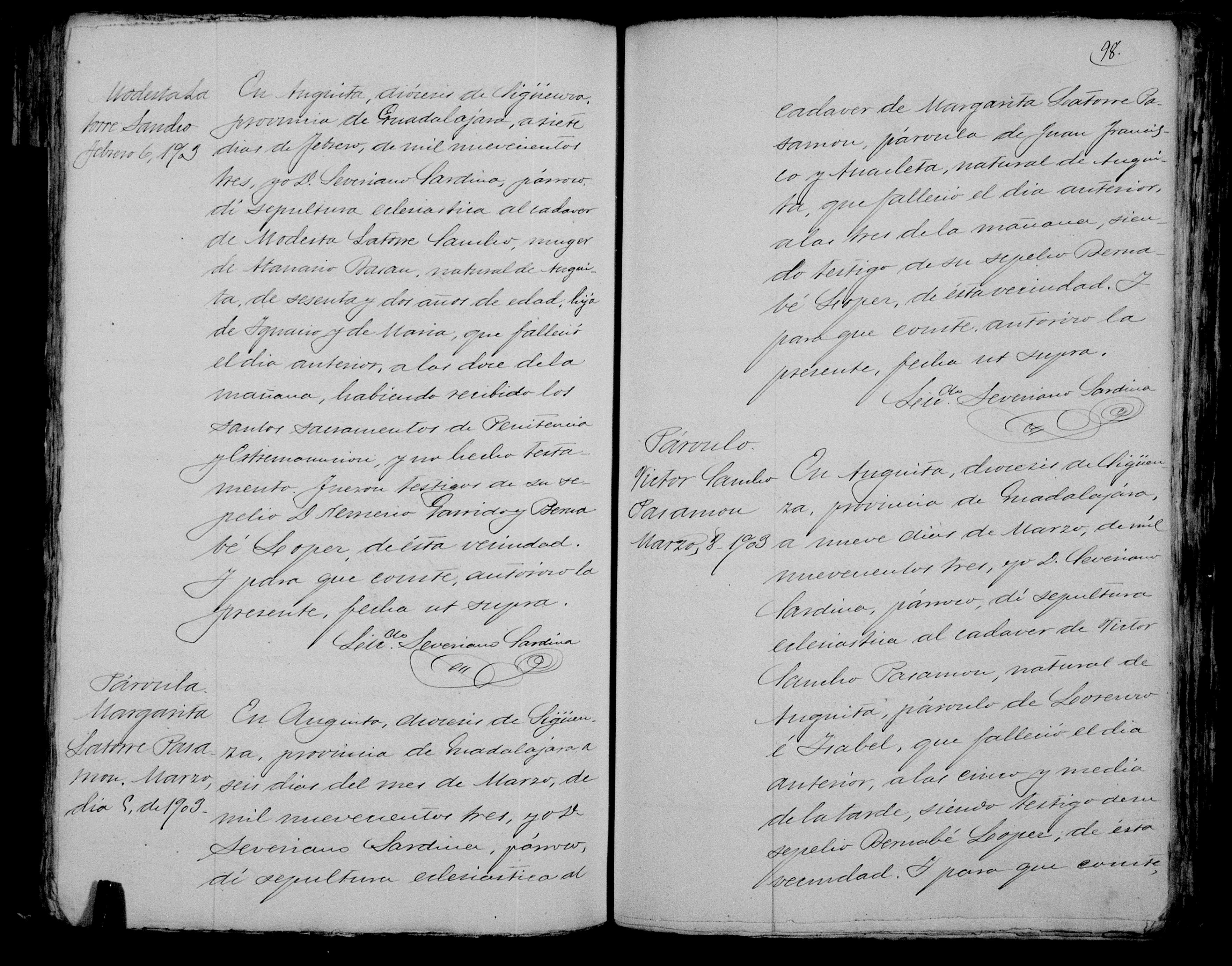 Defunción de Modesta Latorre Sánchez, Anguita 6-feb-1903 (Libro 6º, f. 98r)