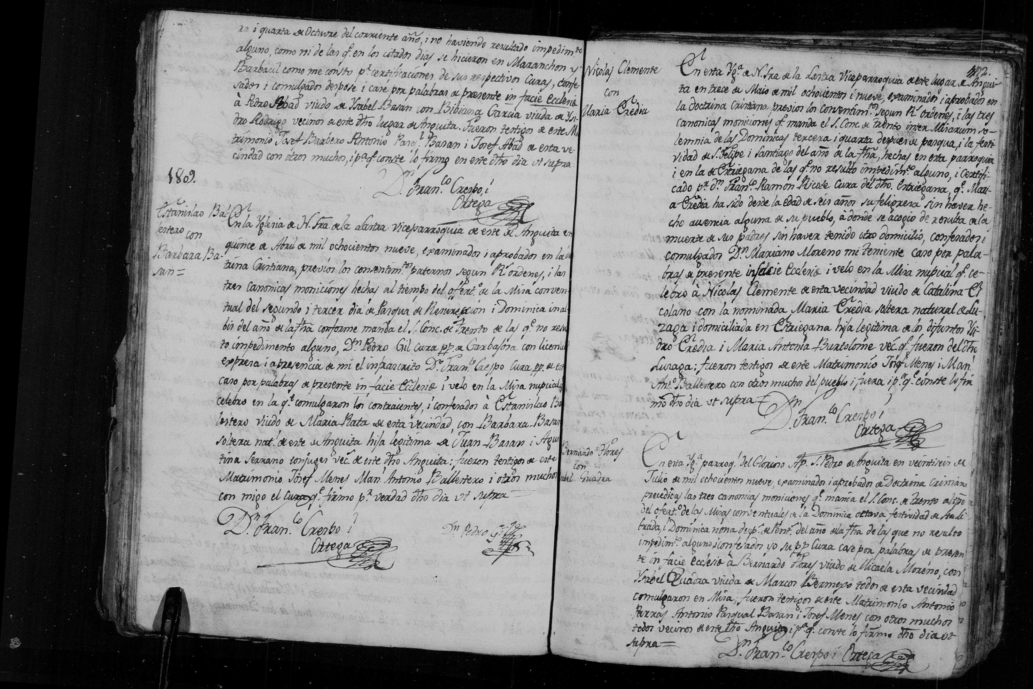 Matrimonio de Estanislao Ballesteros × Bárbara Basán, Anguita 15-abr-1809 (Libro 4º)