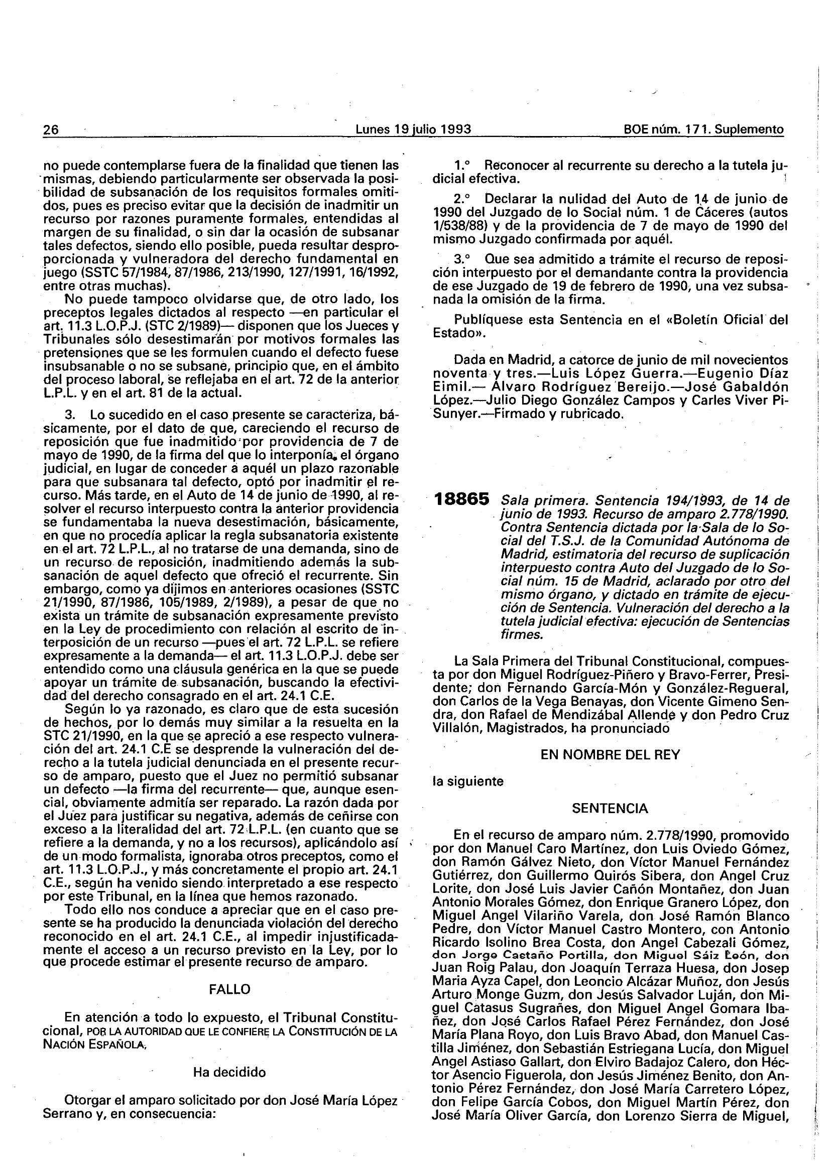 BOE, 19-jul-1993 - Sentencia del Tribunal Constitucional 194/1993 ('Miguel Angel Astiaso Gallart')