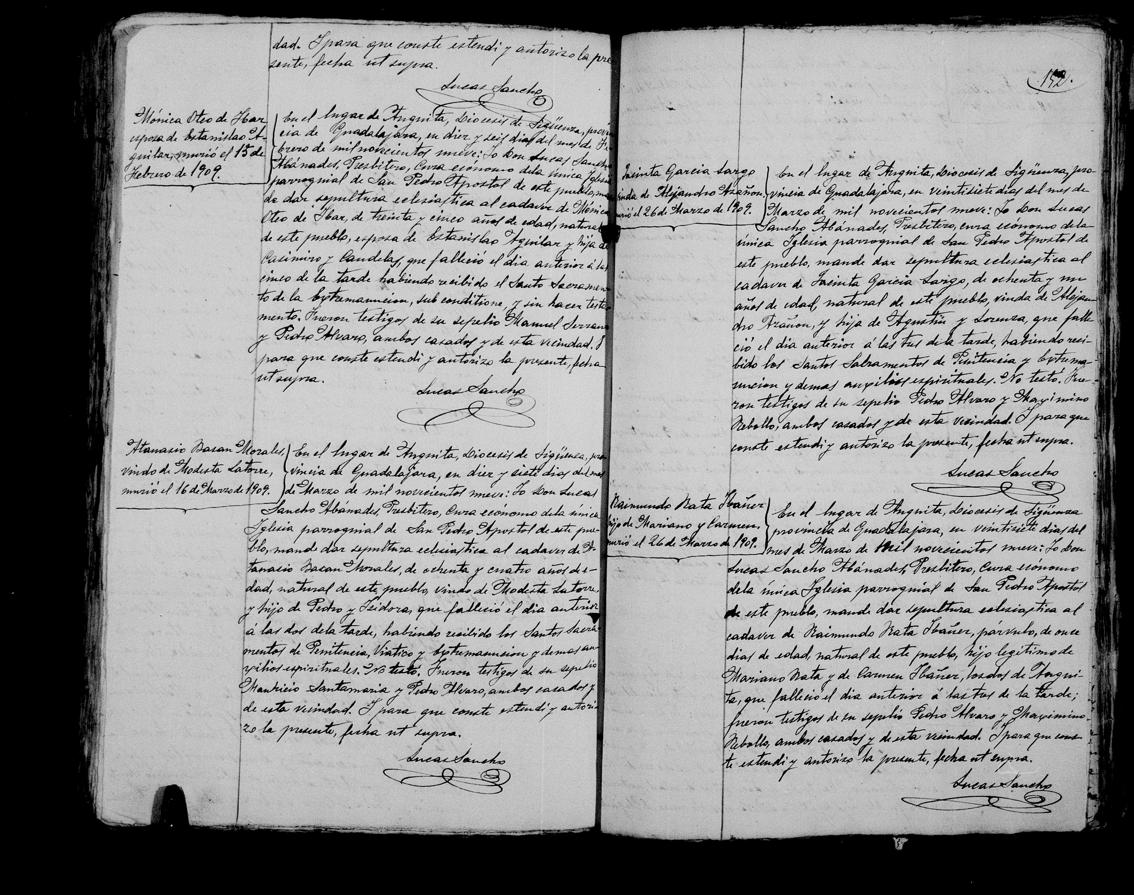 Defunción de Atanasio Basán Morales, Anguita 16-mar-1909 (Libro 6º, f. 151v)