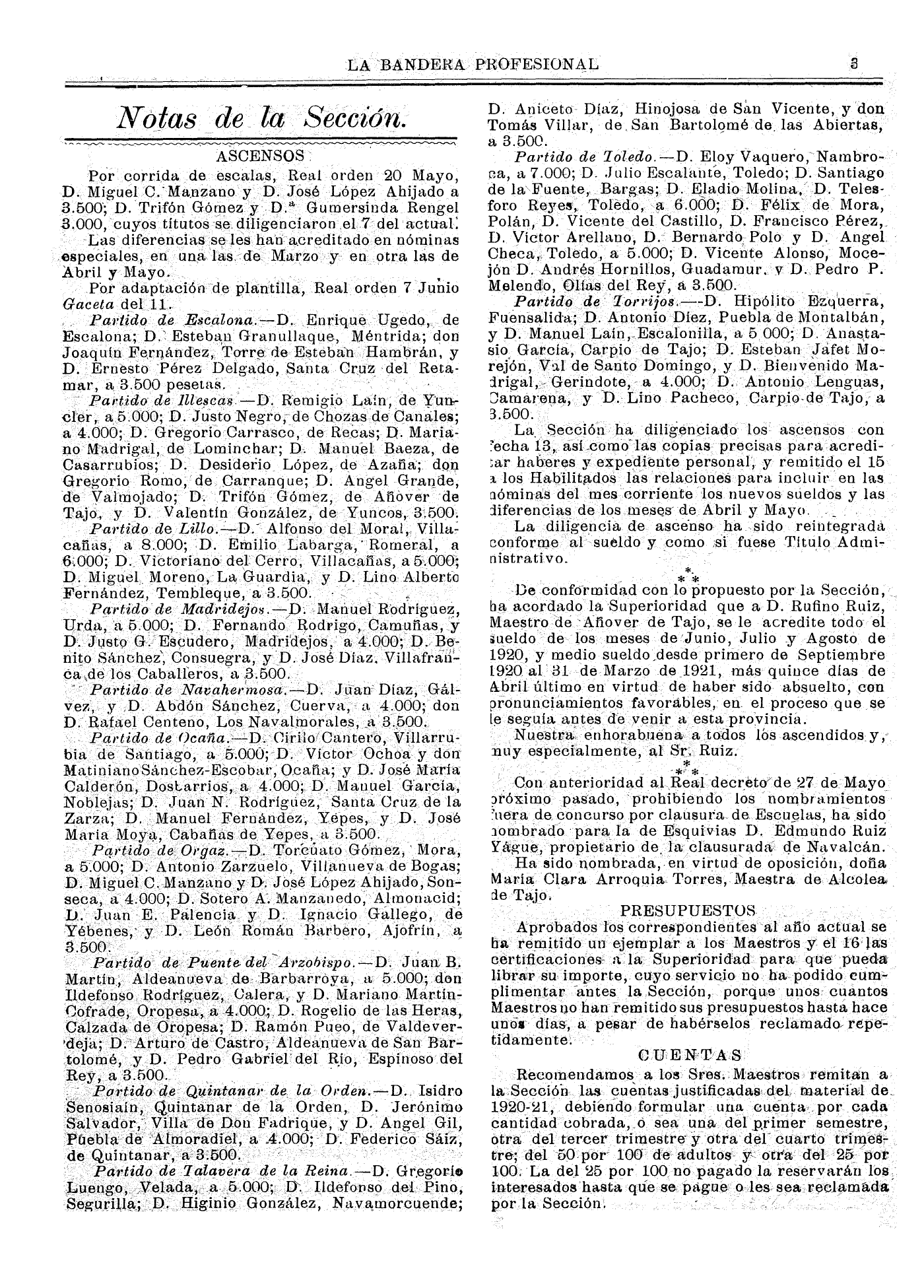 La Bandera Profesional, 20-jun-1921, nº 718, p. 3 - Laín del partido de Illescas/Escalona