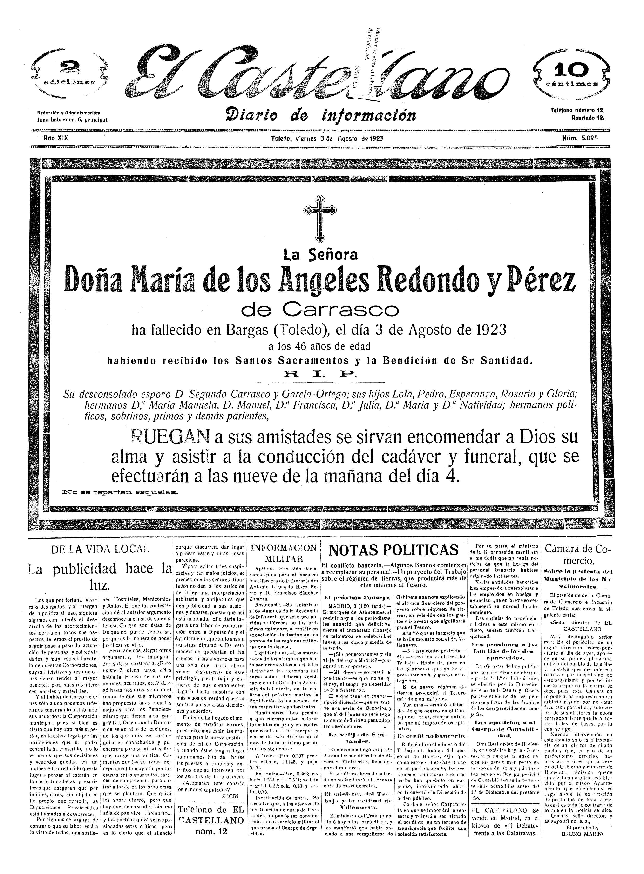El Castellano, 3-ago-1923, nº 5.094, p. 1 - esquela de María de los Ángeles Redondo Pérez