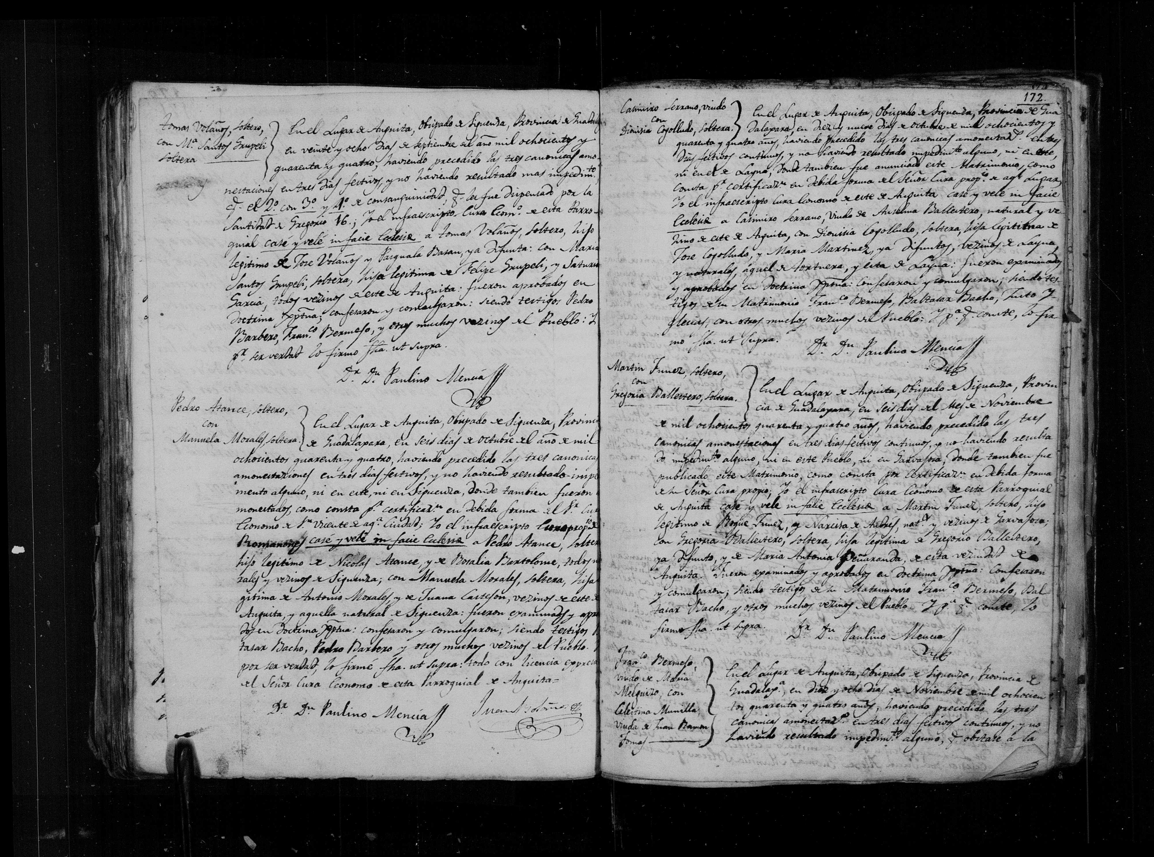 Libro 4º Matrimonios Anguita, f. 171v-172 (img. 2396) - Tomás Bolaños × Mª de los Santos Grupeli (dispensa pontificia, 28-sep-1844) y otros