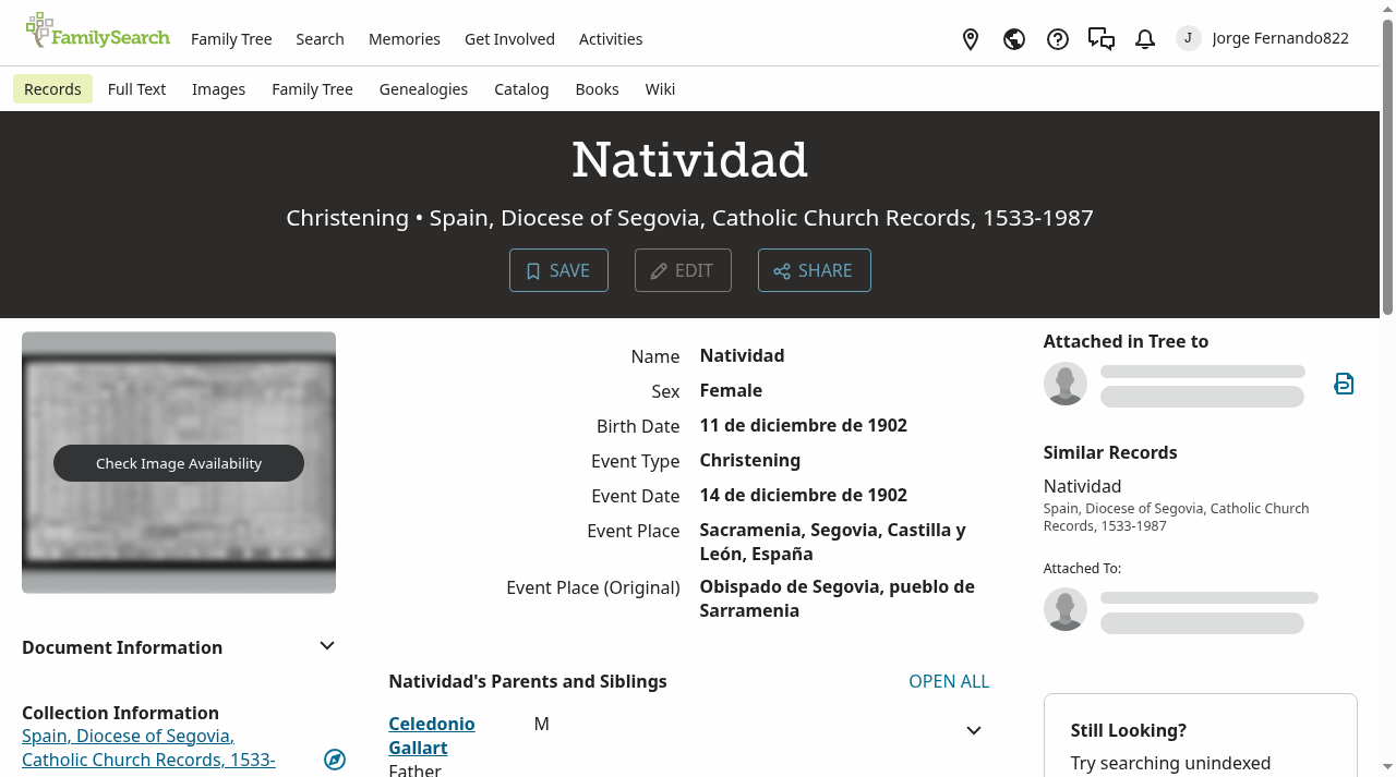 Registro FS (66Q3-QFCP) - bautismo de Natividad Gallart Martín, Sacramenia 1902