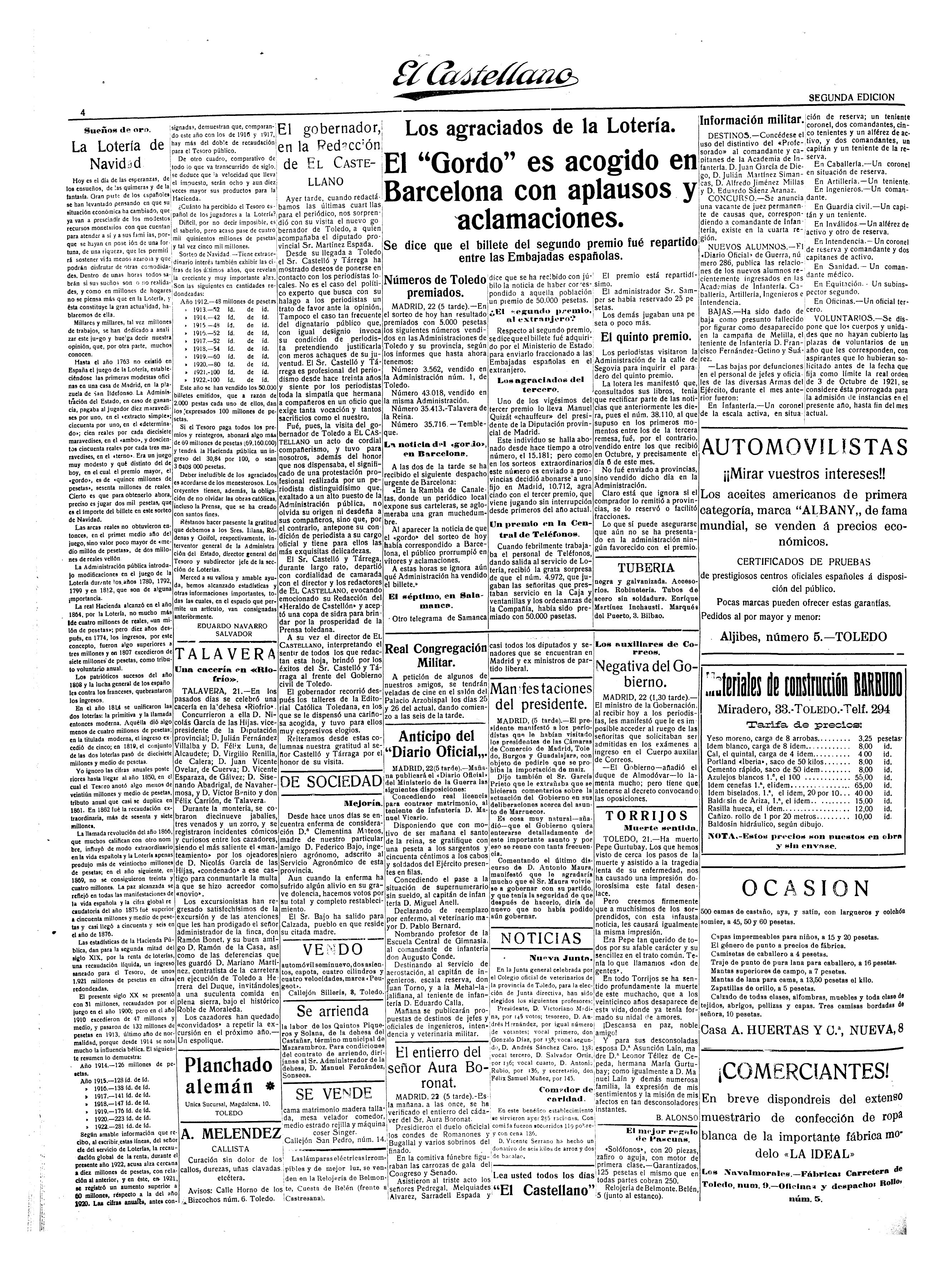 El Castellano, dic-1922 - esquela de un Laín fallecido en Torrijos (21-dic-1922)