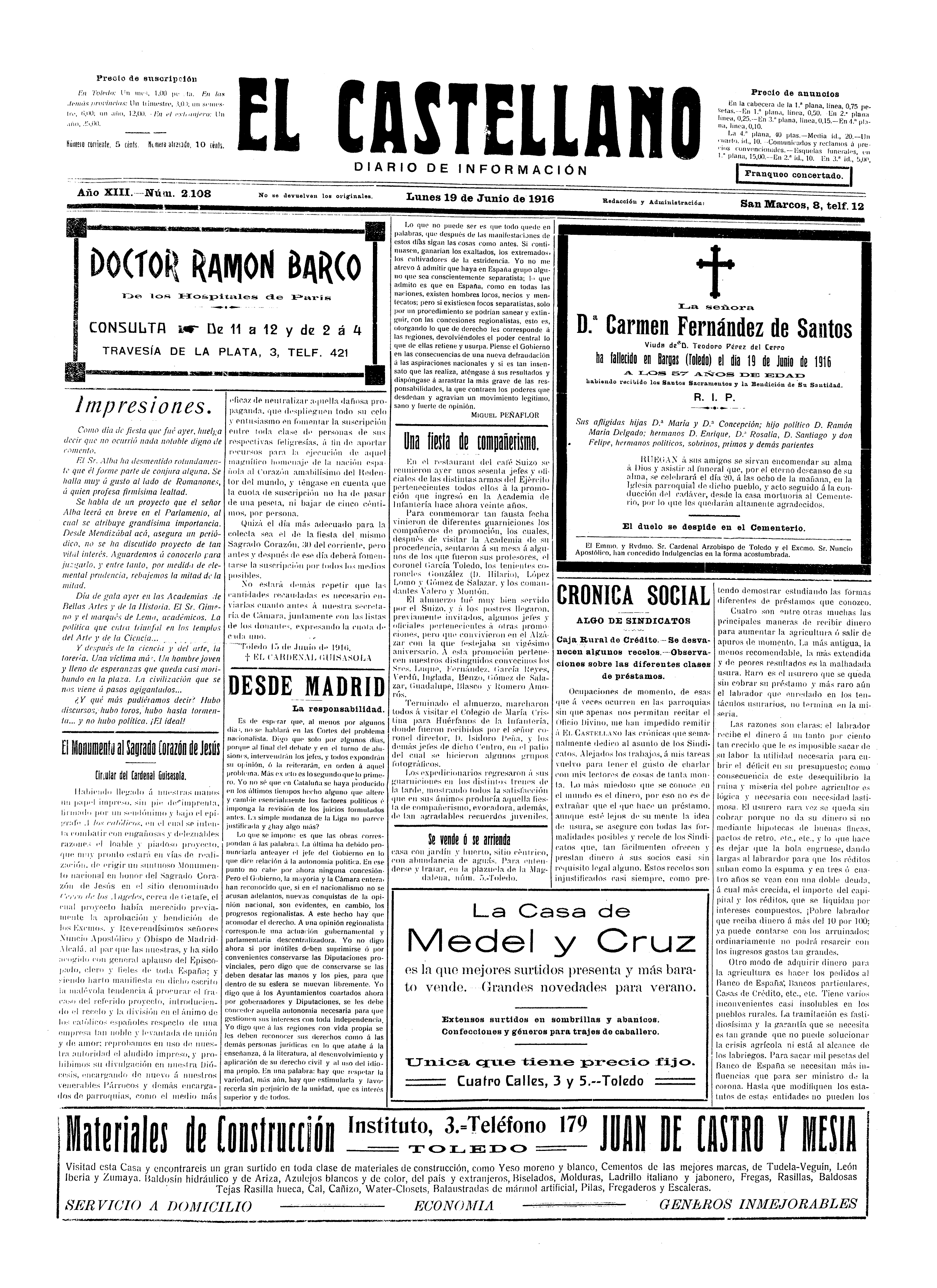 El Castellano, 19-jun-1916, nº 2.108 - Laín Guío, cura regente