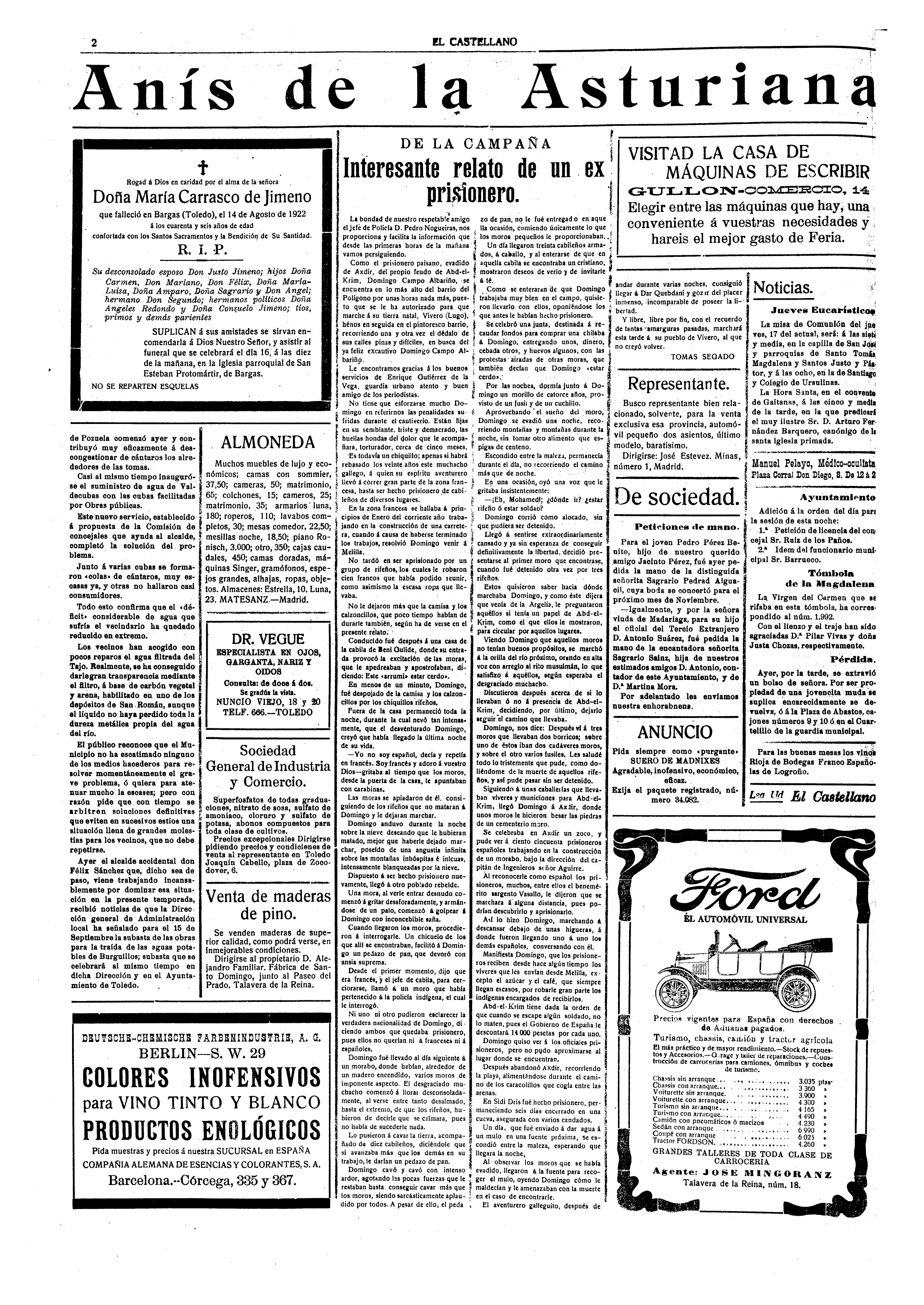 El Castellano, 16-ago-1922, nº 3.931, p. 2 - esquela de su hermana María Carrasco de Jimeno
